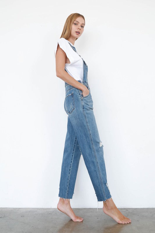 High Waist Ripped Straight Denim Overall Jumpsuit