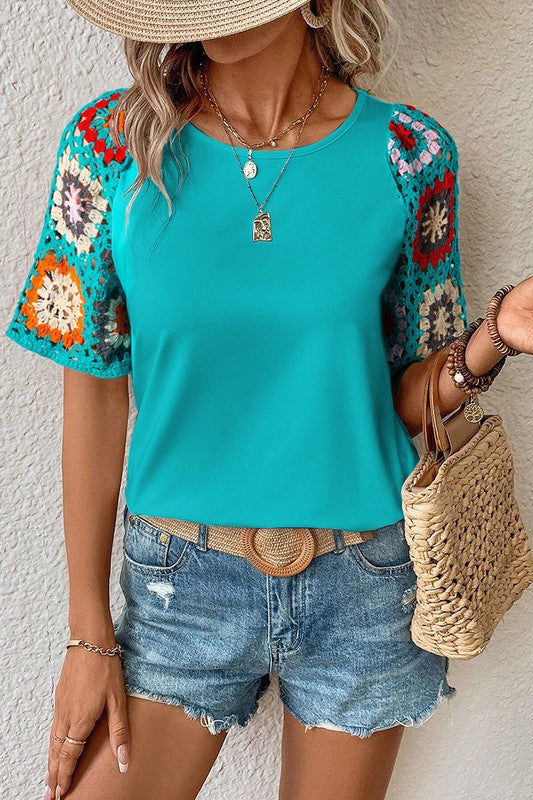 Women Turquoise Floral Crochet Short Sleeve Top