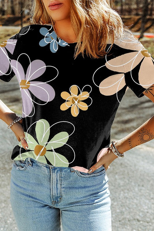 Women Flower Print Casual Round Neck T Shirt