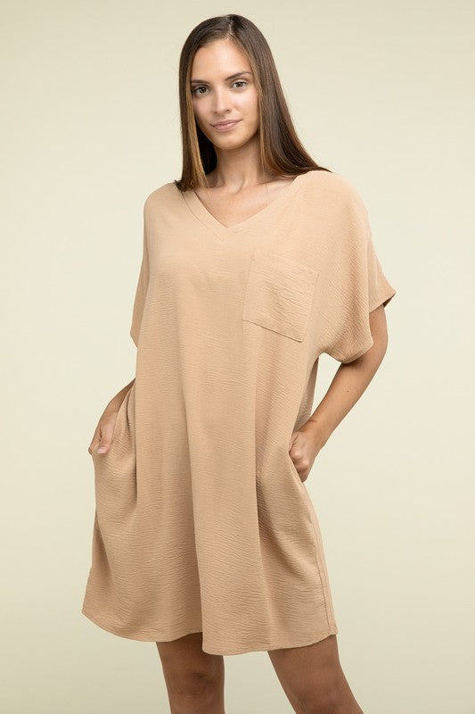 Woven Airflow V Neck T-Shirt Dress with Pockets