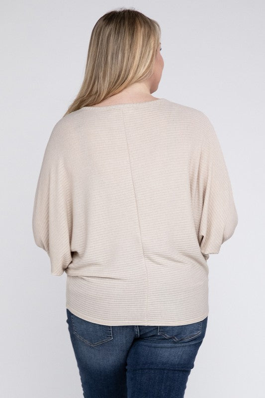 Plus Ribbed Batwing Long Sleeve Boat Neck Sweater
